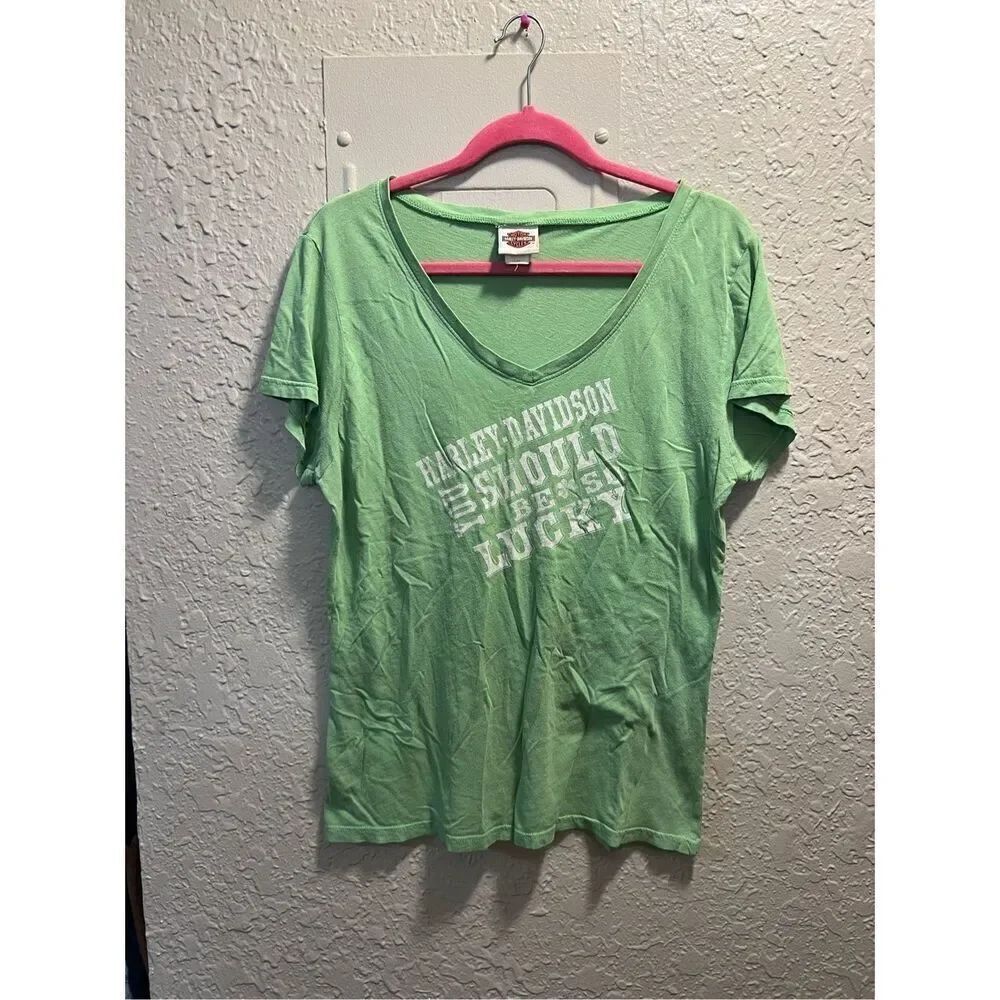 Harley Davidson You Should Be So Lucky Green V-Neck T-Shirt Woman’s Size Large